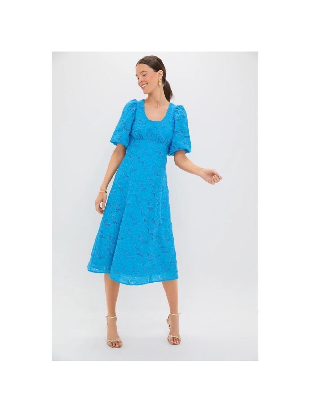 Elegant Blue Midi Dress with Puff Sleeves